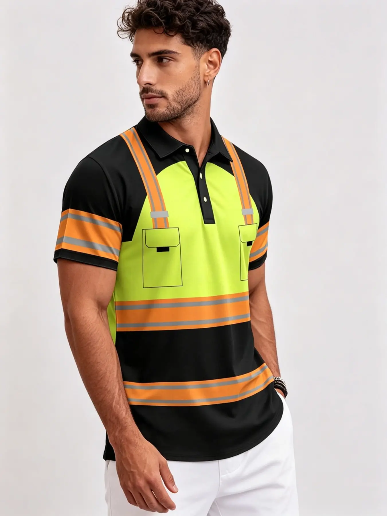 Creative Visual Illusion Workwear Polo, Colorblock Sleeve Night Construction Reflective, Breathable Men's Patrol Work Shirt, Slim Fit Casual T-Shirt