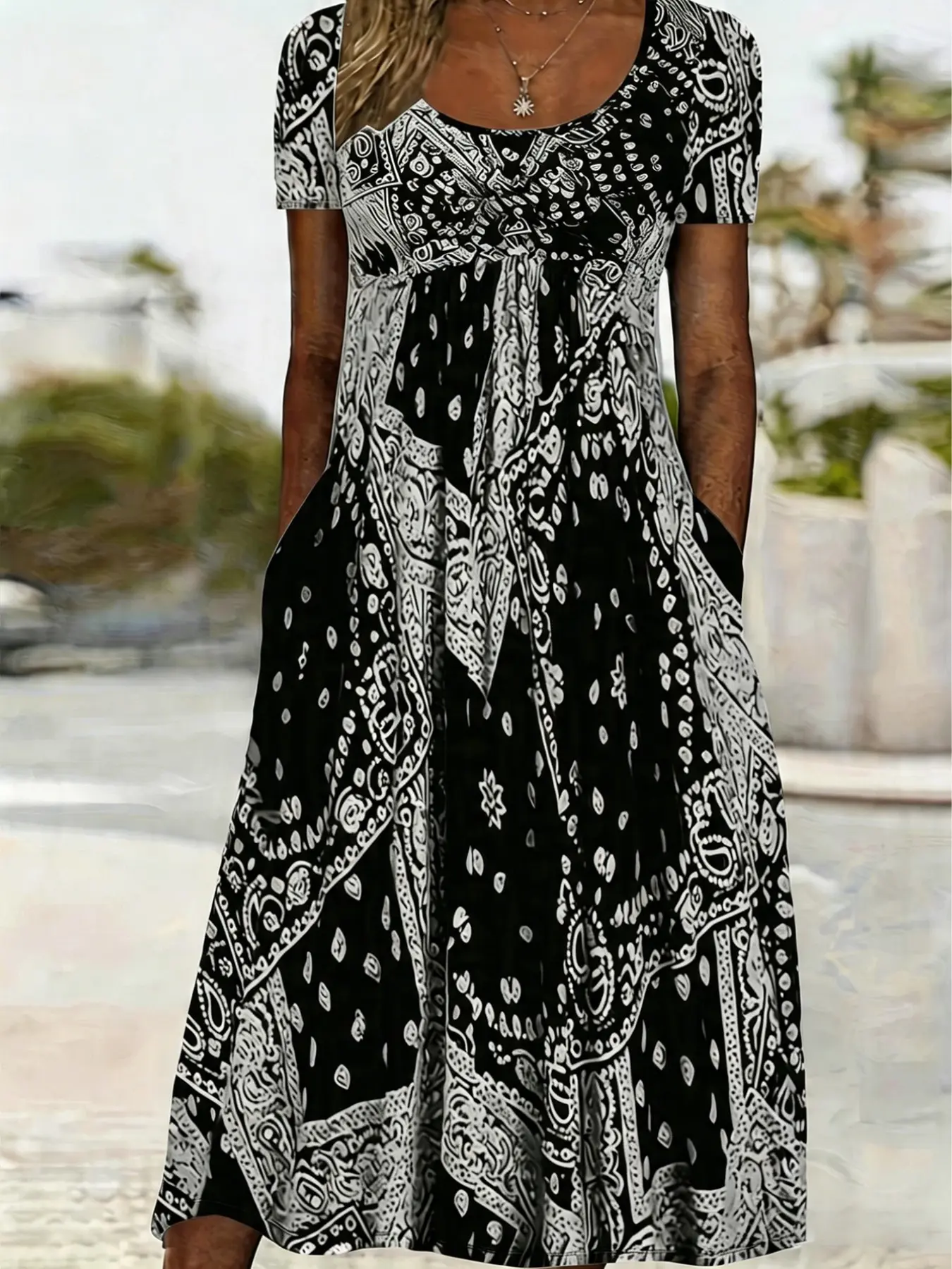 Women's Comfy Casual Summer Dress, Loose Fit Short Sleeve Long Dress with Side Pockets, Everyday Wear Fashionable