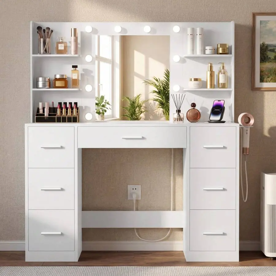 43.3 In. W X 17.7 In. D X 51.4 In. H Makeup Vanity Desk With LED Lighted Mirror & Charging Station, 7 Drawers Dressing Table With Open Shelves & Hair Dryer Holder, 3 Color Lighting Modes