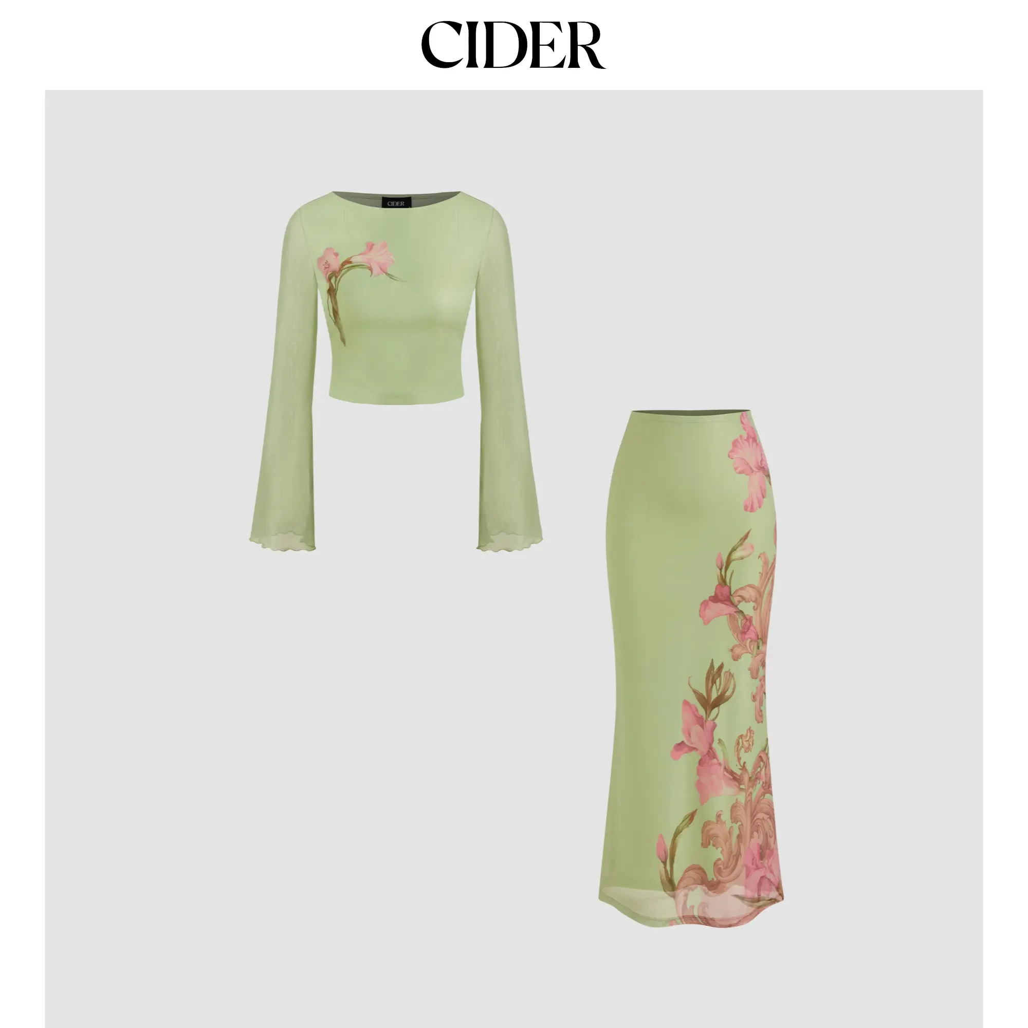 Cider Mesh Floral Lettuce Trim Crop Top & Mid Rise Ruffle Maxi Skirt Set SohoChic