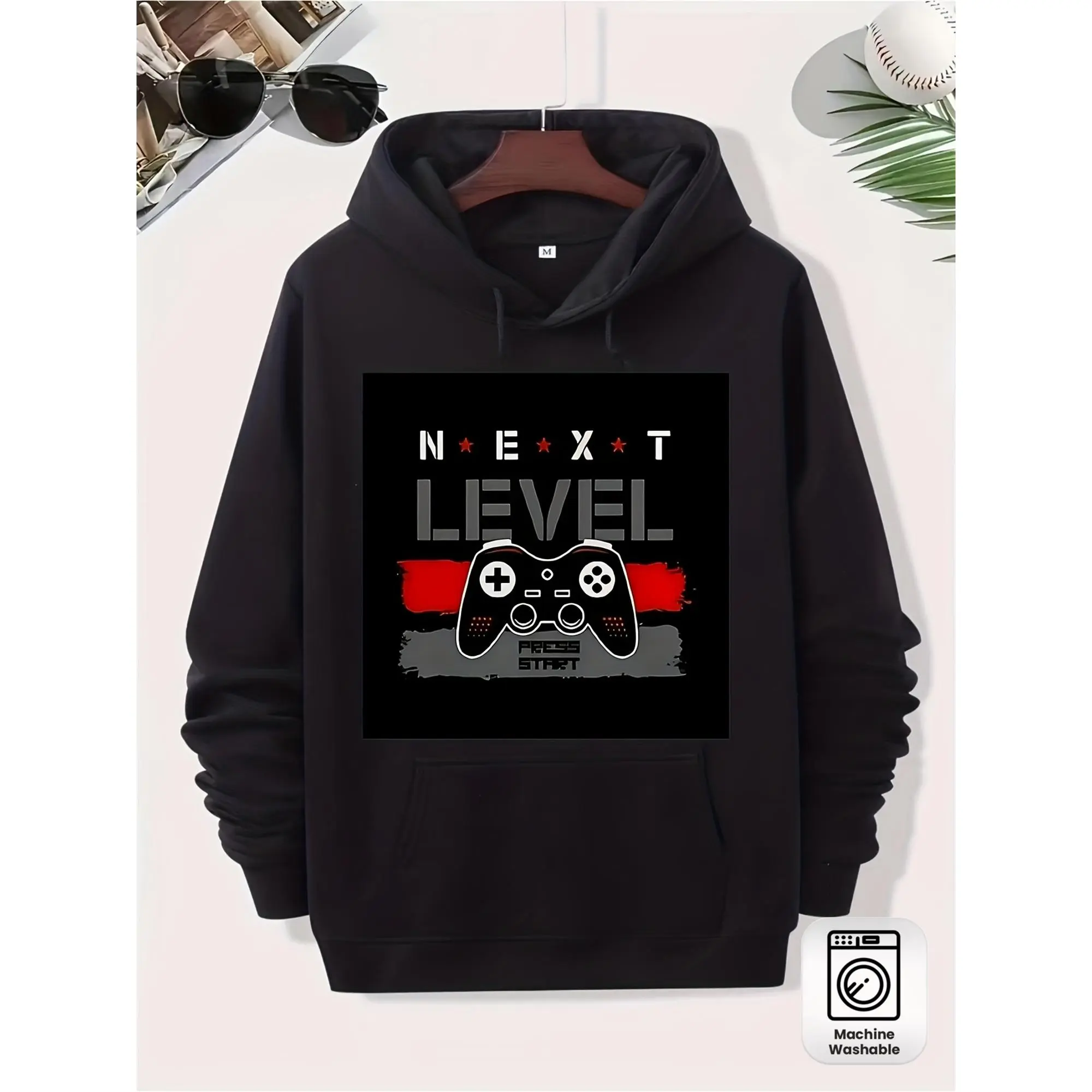 Men's Gamer Hoodie - Stretchy Pullover with Game Controller Pattern |   All-season gaming apparel suitable for PC and laptops, casual and party wear, machine washable, comfortable autumn and winter clothing, fun design, soft fabric
