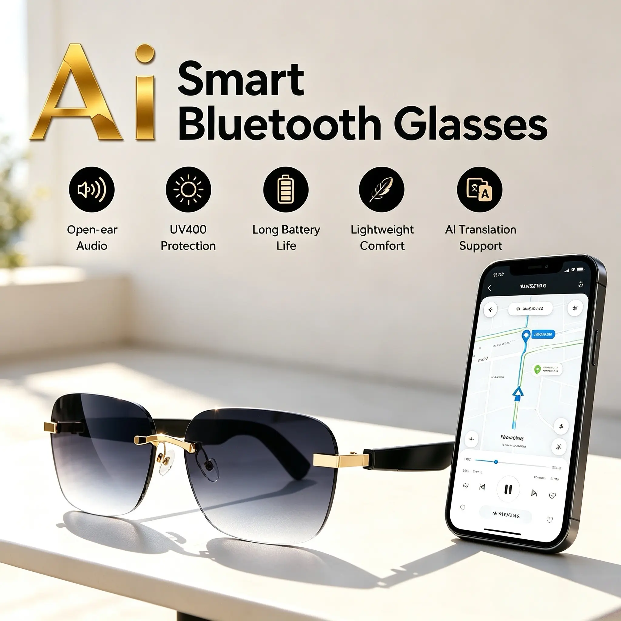 AI Bluetooth Smart Glasses, Multi-Language Translator Sunglasses, UV Protection Frameless Audio Glasses, Auto In-Ear Detection, Wireless Translation Glasses, Wearable Tech Glasses, Sweatproof Wireless Music Glasses for Travel Navigation Business Meetings