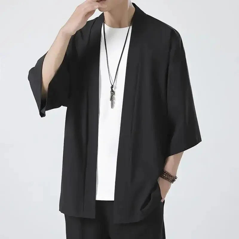 Men's Japanese Kimono Shirts Casual Open Stitch Lightweight Yukata Fashion Black Cardigan 3/4 Sleeve Outwear for Summer Vacation Menswear Workwear
