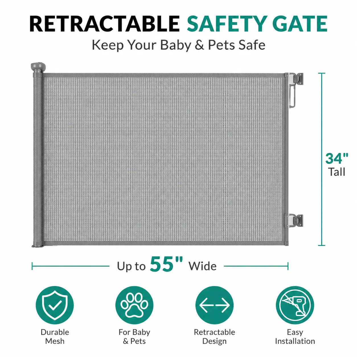 Retractable Baby Gate Extra Wide 55 Inch by 34 Inch Tall Dog Gate for Stairs Indoor Outdoor Child Safety Gate for Doorways Deck Porch Hallway Patio Gray Mesh Safety Barrier