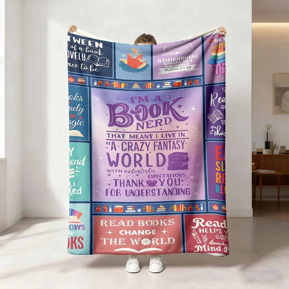 This I'M A BOOK NERD-themed digital-printed flannel blanket is soft, warm, and multifunctional, suitable for use as a sofa bed cover, an office nap blanket, an outdoor camping blanket, or a gift for all seasons.