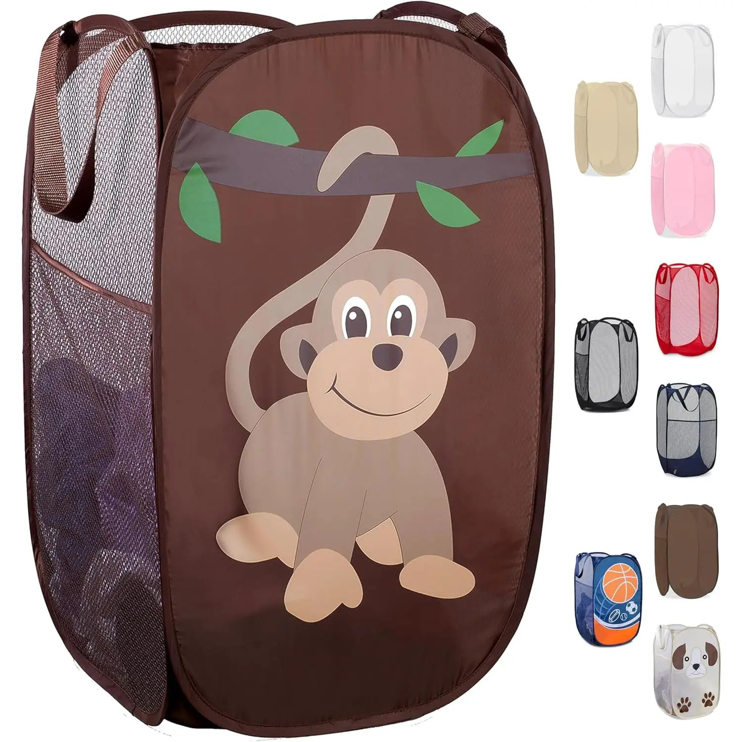 Collapsible Mesh Pop Up  Hamper with Side Pocket – Breathable, Space-Saving, Foldable Basket for Clothes, Toys, Travel & Storage, 14 x 13 x 24 in, Monkey