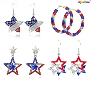 July 4th Patriotic Hoop Earrings, Red White Blue Sparkling Rhinestone Crystal American Flag Style Jewelry, Bohemian Party Accessories For Women Girls, Stylish Sentimental Holiday Gift For Independence Day Celebrations