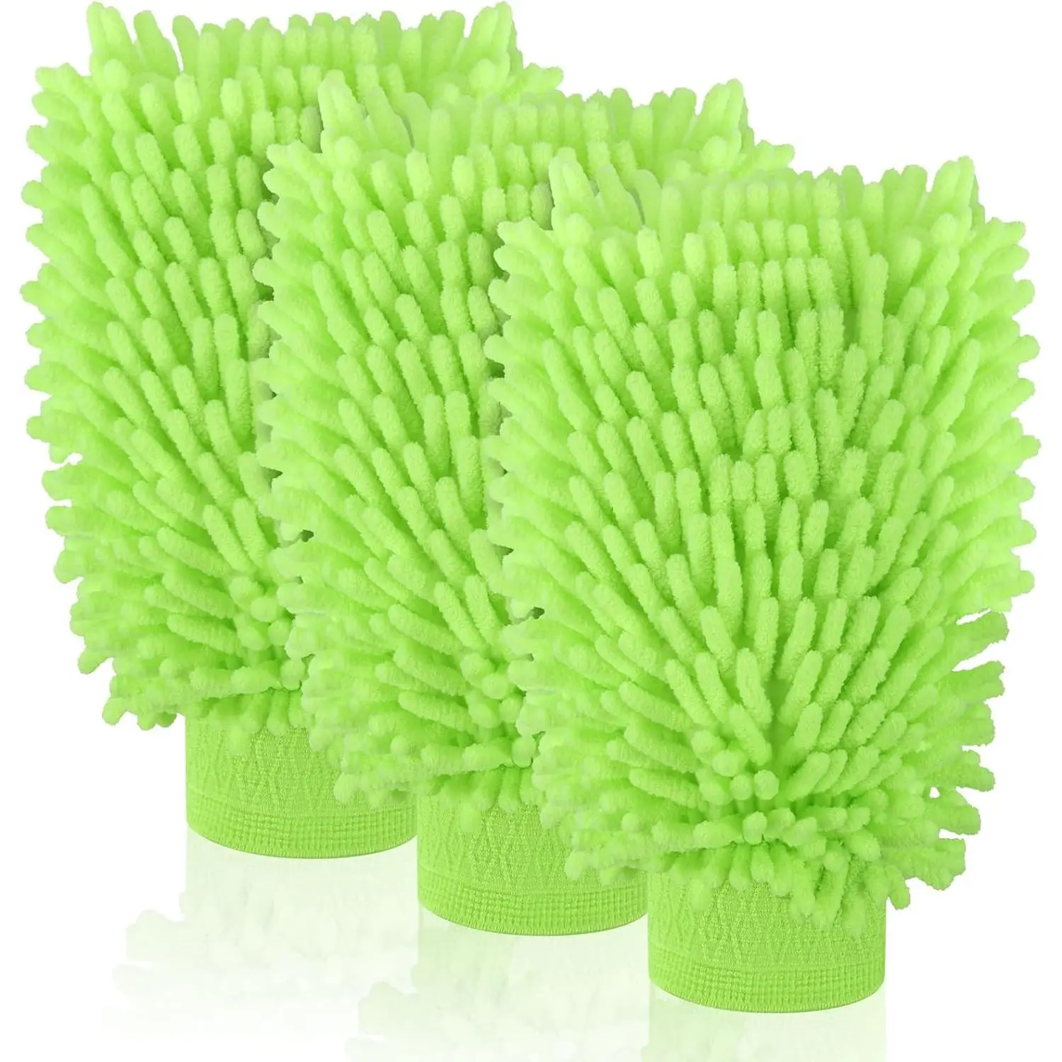 3-Pack Synthetic Chenille Fiber Car Wash Mitts - 7in x 9.6in Double-Sided Dusting Gloves with Elastic Cuff, Scratch-Free Lint-Free Cleaning Supplies, Absorbs Well for Automotive Care (Green)