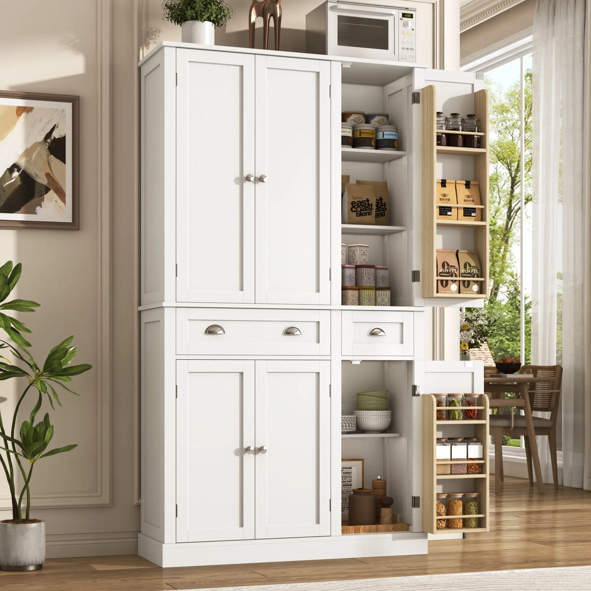 39" W Freestanding Kitchen Pantry Storage Cabinet with Doors and Adjustable Shelves,Tall Storage Cupboard with Large Drawer for Kitchen,Bathroom or Hallway,White/Black