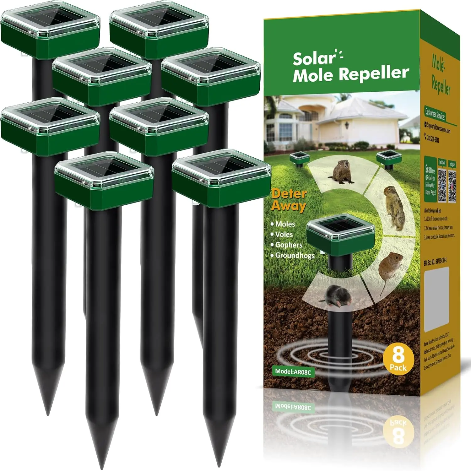 12-Pack Bulk Solar-Powered Ultrasonic Mole Stakes, IP65 Waterproof Mole Control Repellent for Lawns, Yards to Repel Gophers, Voles, Snakes (Garden Use), Bulk Pack