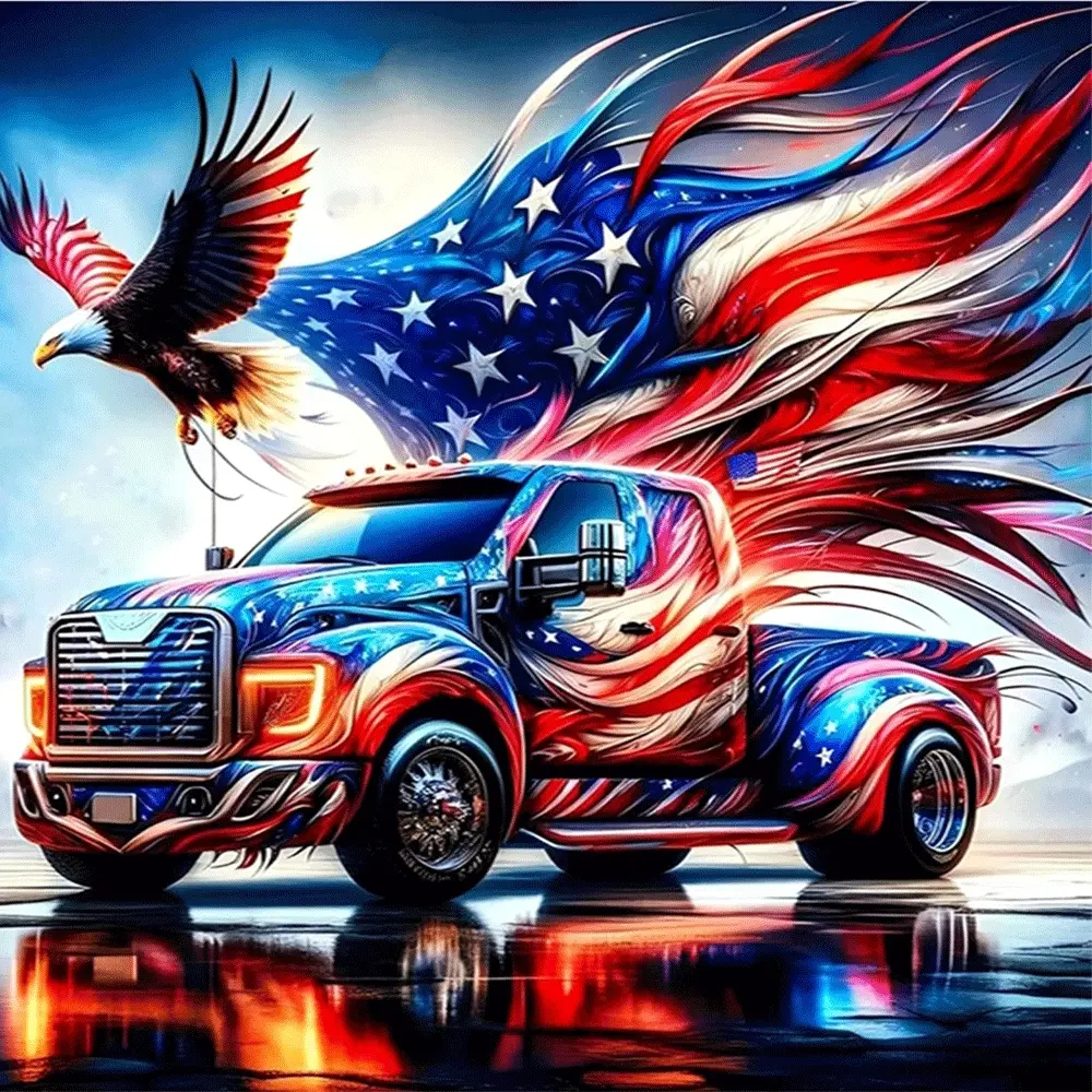 1PC,2D American Flag Diamond Painting Kit DIY Eagle Truck Pattern Crystal Rhinestone Art Craft for Home Wall Decor Patriotic Themed Diamond Embroidery Supply for Adults Kids Creative Handmade Gift Idea