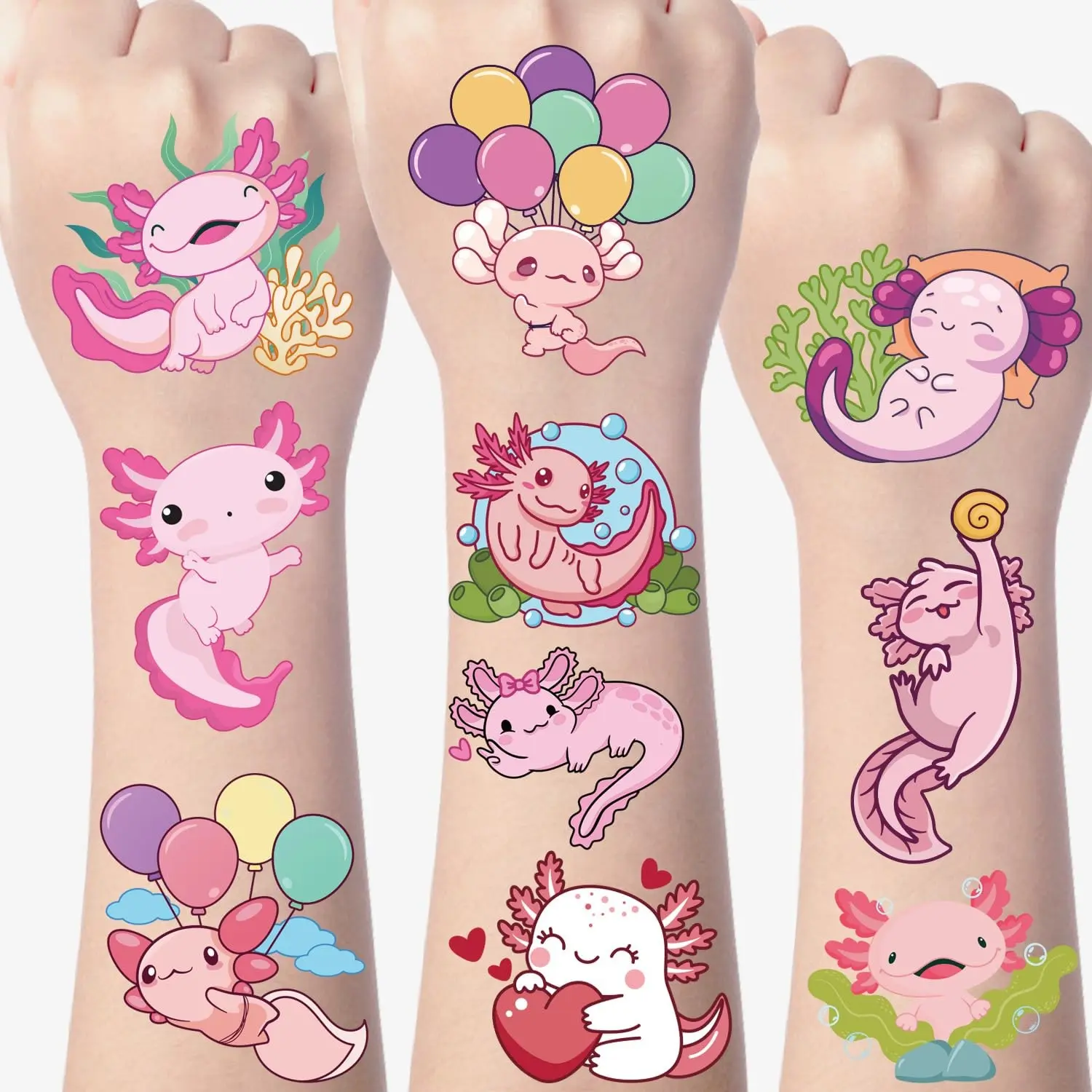 Axolotl Temporary Tattoos Stickers (200+ Pieces) - Birthday Party Favors for Kids, Bulk Rewards Gifts, Decorations Supplies, 8 Sheets Assorted Designs