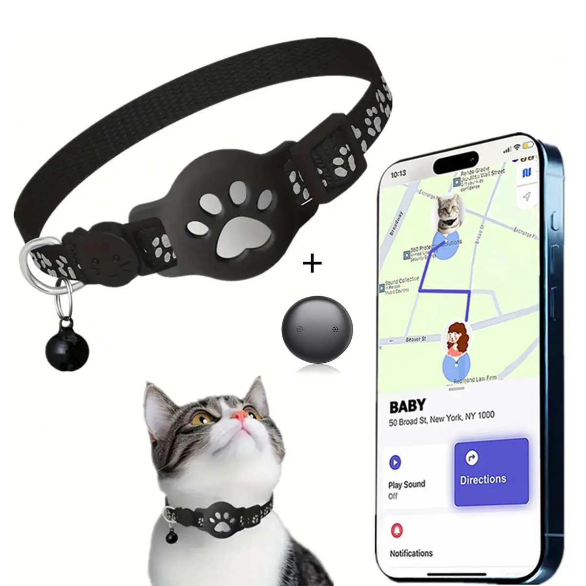 Unisex Smart Pet Tracker Collar - Detachable Silicone Design, 7-30 cm Adjustable Neck, Clawprint Reflective Webbing, No Monthly Fees, Waterproof, Safe Separation Snap Fastener for Cats (Ideal for Outdoor Walks), 7 To 30 Cm