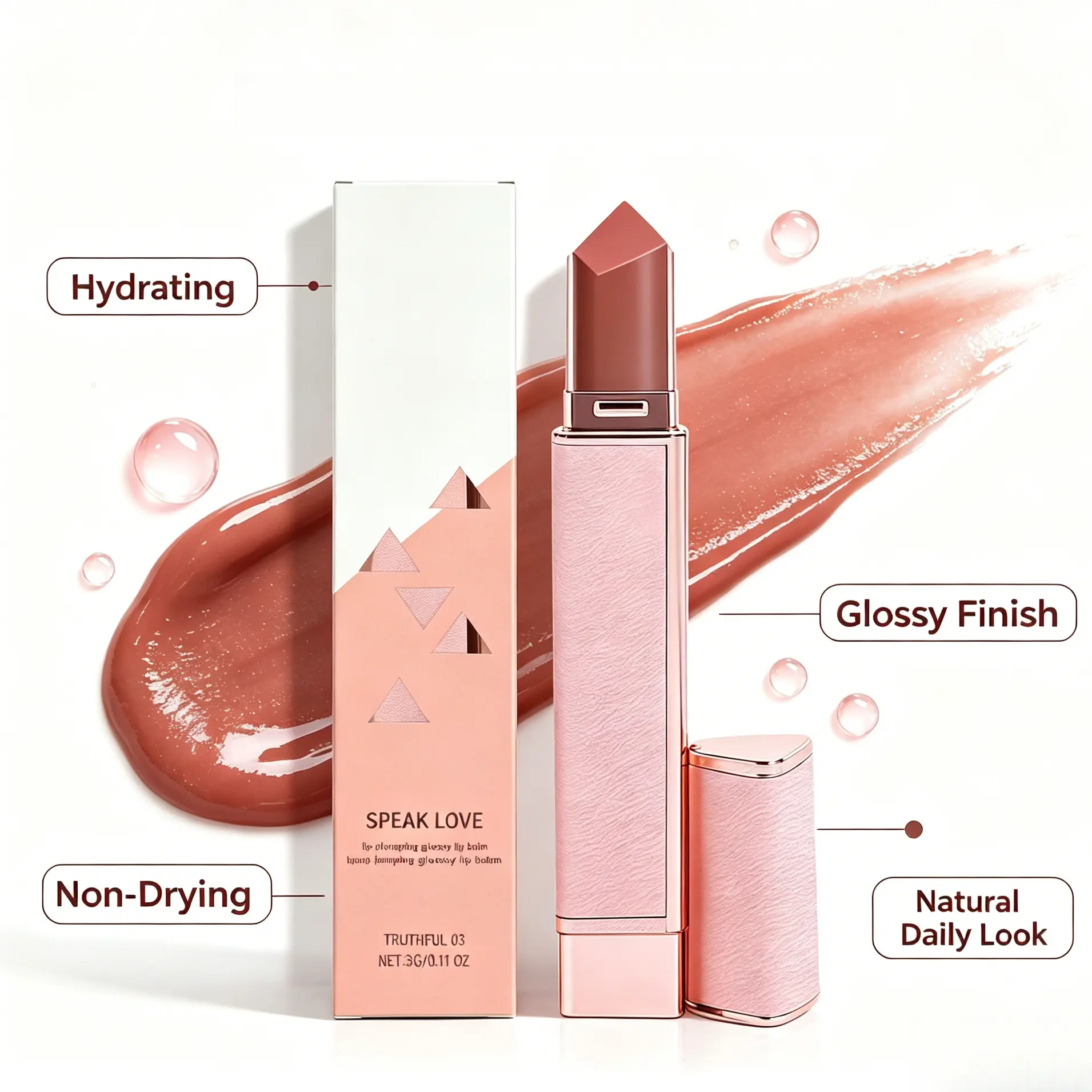 SPEAK LOVE Plumping Glossy Lip Balm, Soft Pink Brown Hydrating Lip Tint, Non-Drying Moisturizing Shiny Lip Stick, Natural Daily Gloss Finish Lip Makeup 3G