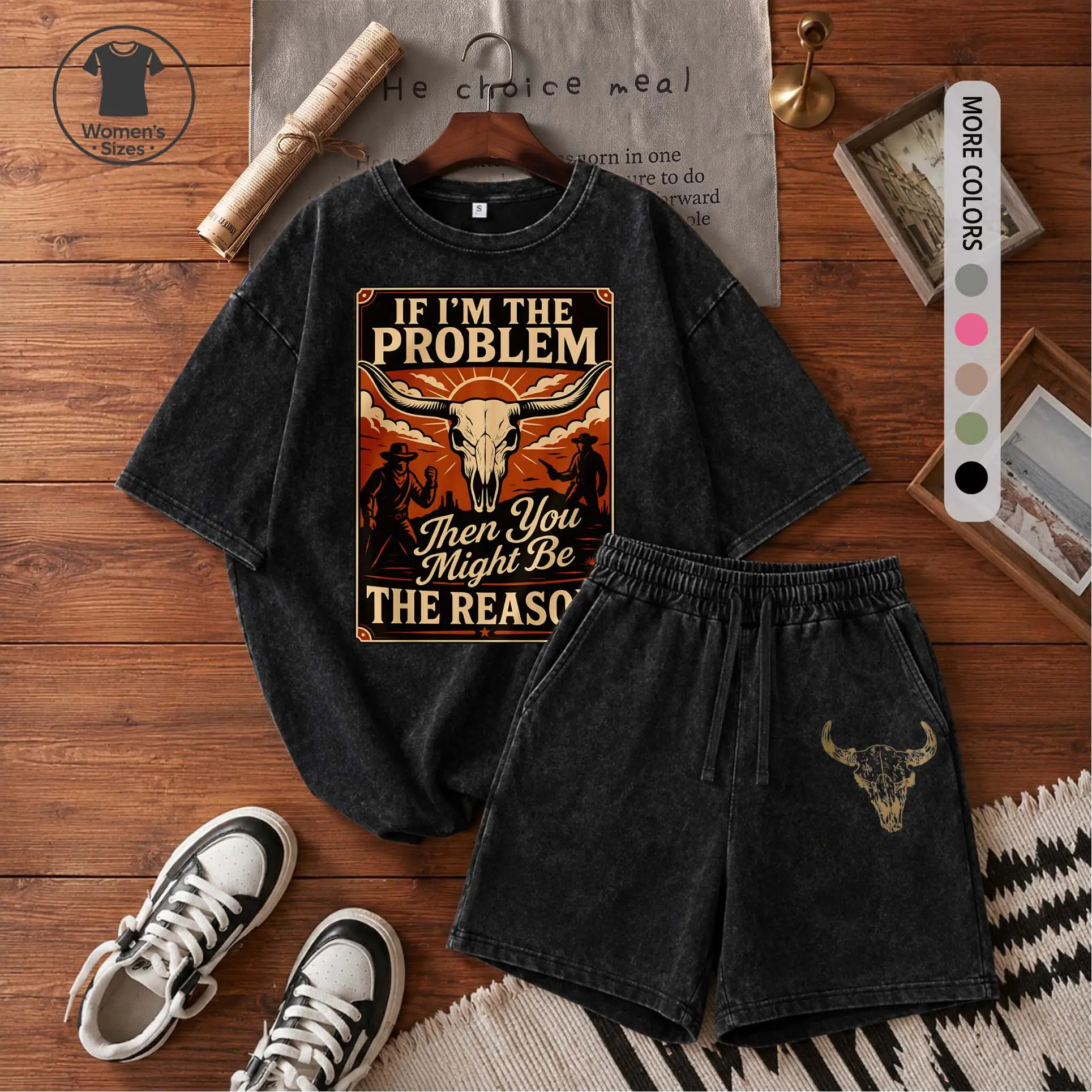 Women's Washed Cotton Shorts Two-Piece Set: A Uniquely Styled Halloween Ghost-Themed Party Outfit. Featuring "If I'm The Problem, Then You Might Be The Reason Patterns, And Pumpkin Designs. Also Suitable As Casual Summer Loungewear.