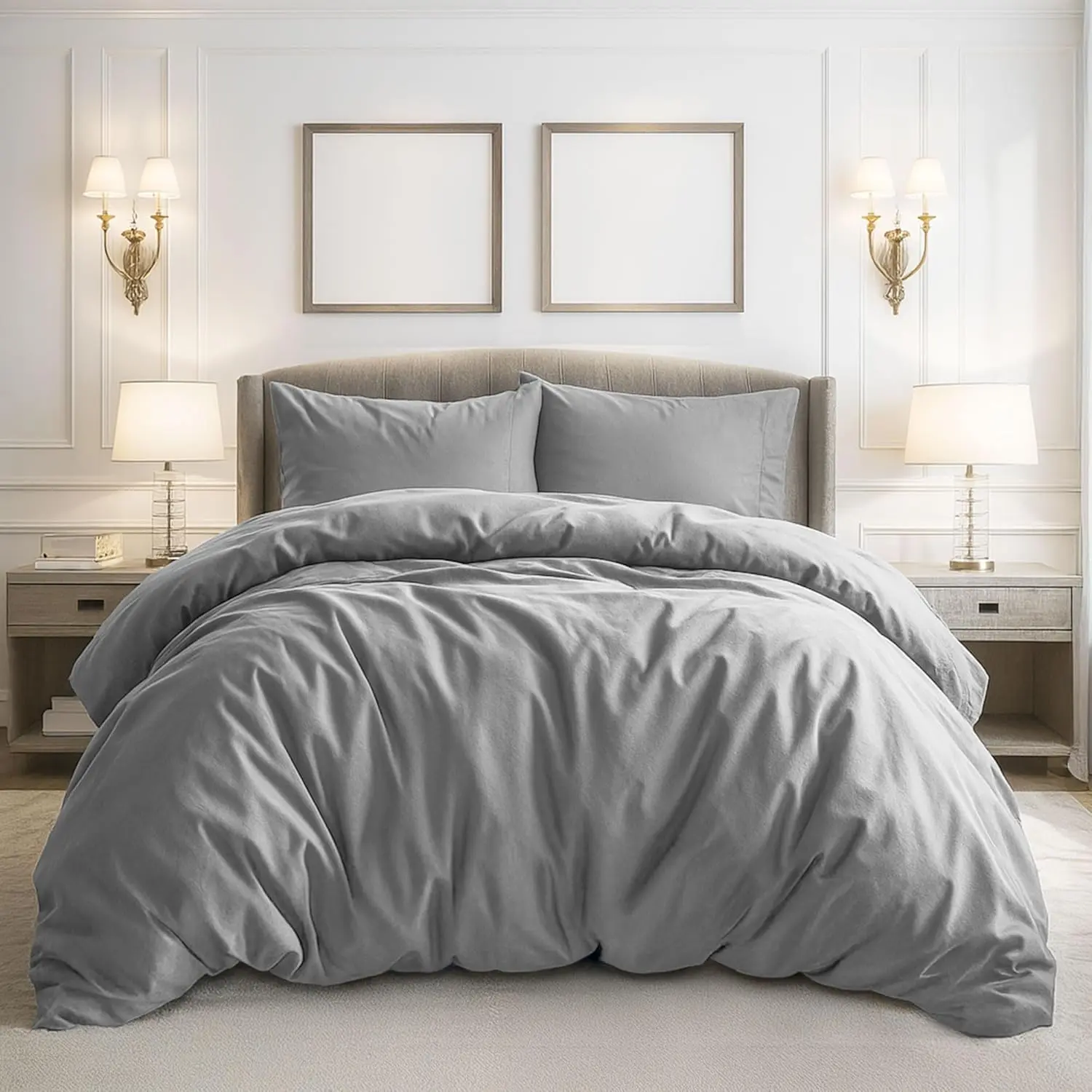 Duvet Cover Queen Size - 3 Pieces Soft Bedding Set, Includes 1 Duvet Cover 90x90 Inches with Zipper Closure & 2 Pillow Shams, Comforter Not Included, Light Grey