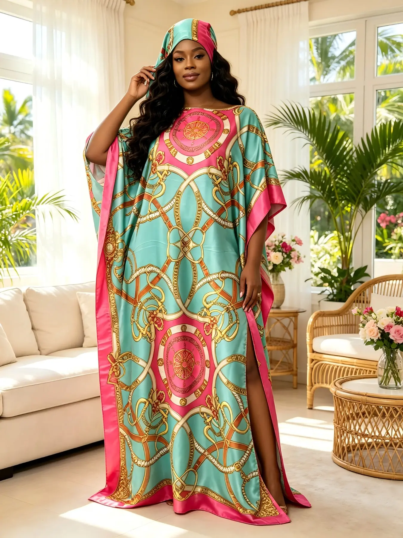 Plus Size Women's Two-Piece Satin Long Kaftan Dress Set, Mint Vintage Gold Chain Print, Loose-Fit Home Sleepwear, Beach Resort Style, Loungewear
