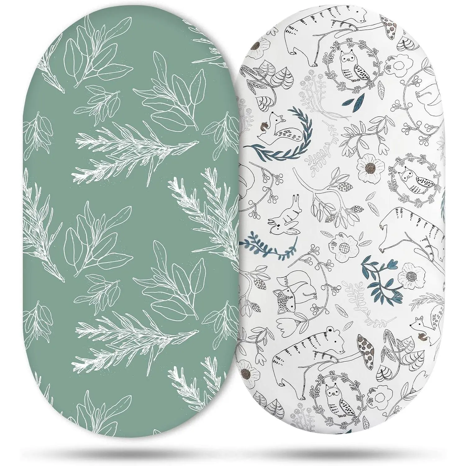 Unisex Bassinet Sheets 2-Pack New Model - Flexible Fabric for Rectangle, Round, Oval, Hourglass Bassinet Mattresses & Pads (Baby Boy & Girl Neutral), Oval Shape