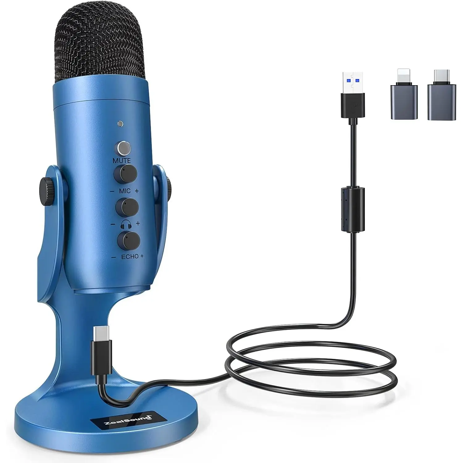 Blue USB Condenser Mic - Noise Reduction Podcast Microphone with Gain Control, Volume Adjustment, Mute Button, 0 Latency Monitoring, Echo Control, USB/Type-C/Lightning Compatibility, Wide Frequency, Corded Plug-and-Play for PC, iPhone, iPad, Android
