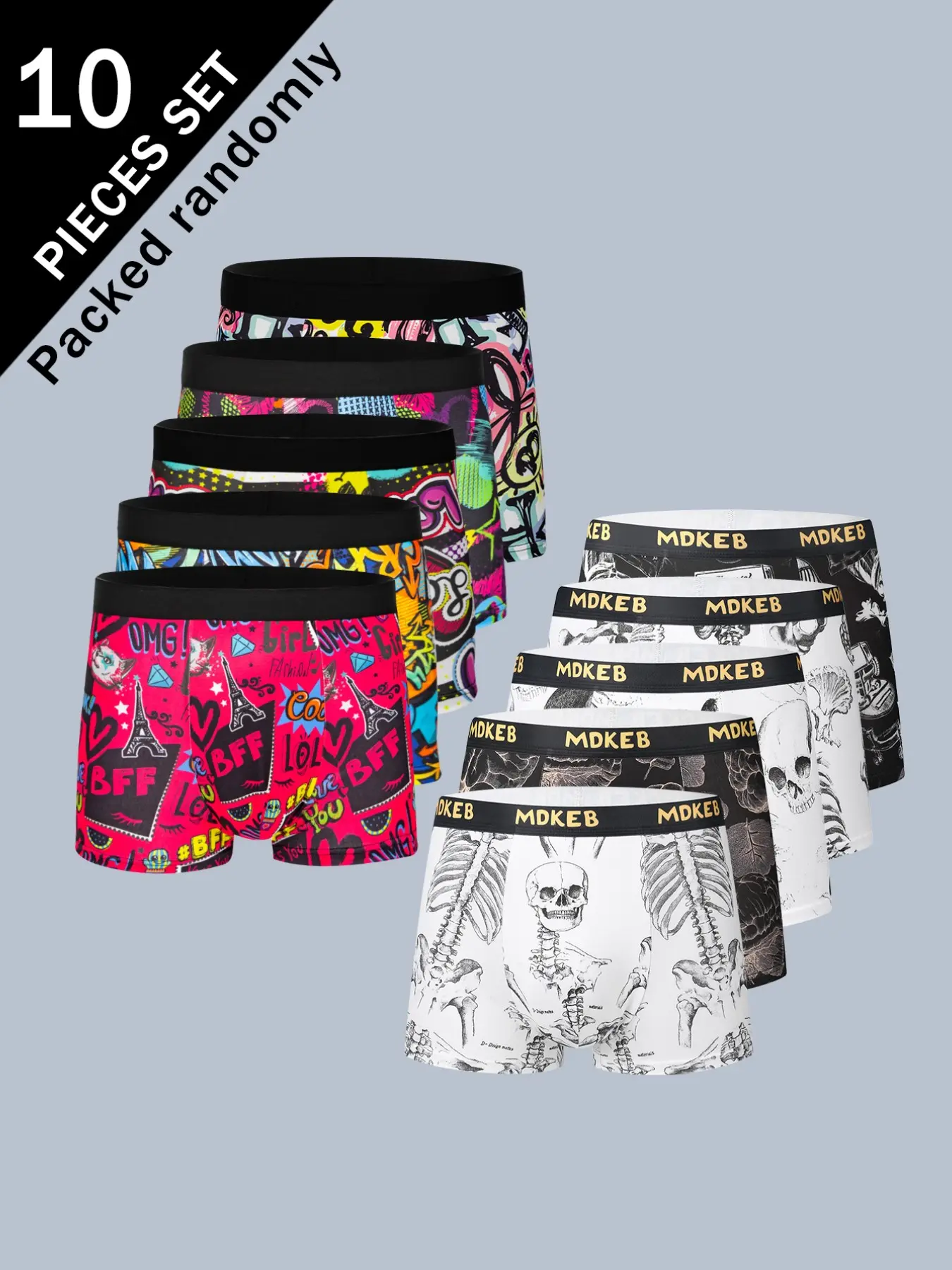 10-Pack Men's Skull Graffiti Print Boxer Briefs, Slim Fit, Fun Personality Patterns, Soft Skin-Friendly, Youth Daily Wear, All-Season Comfort, Elastic Boxer Briefs