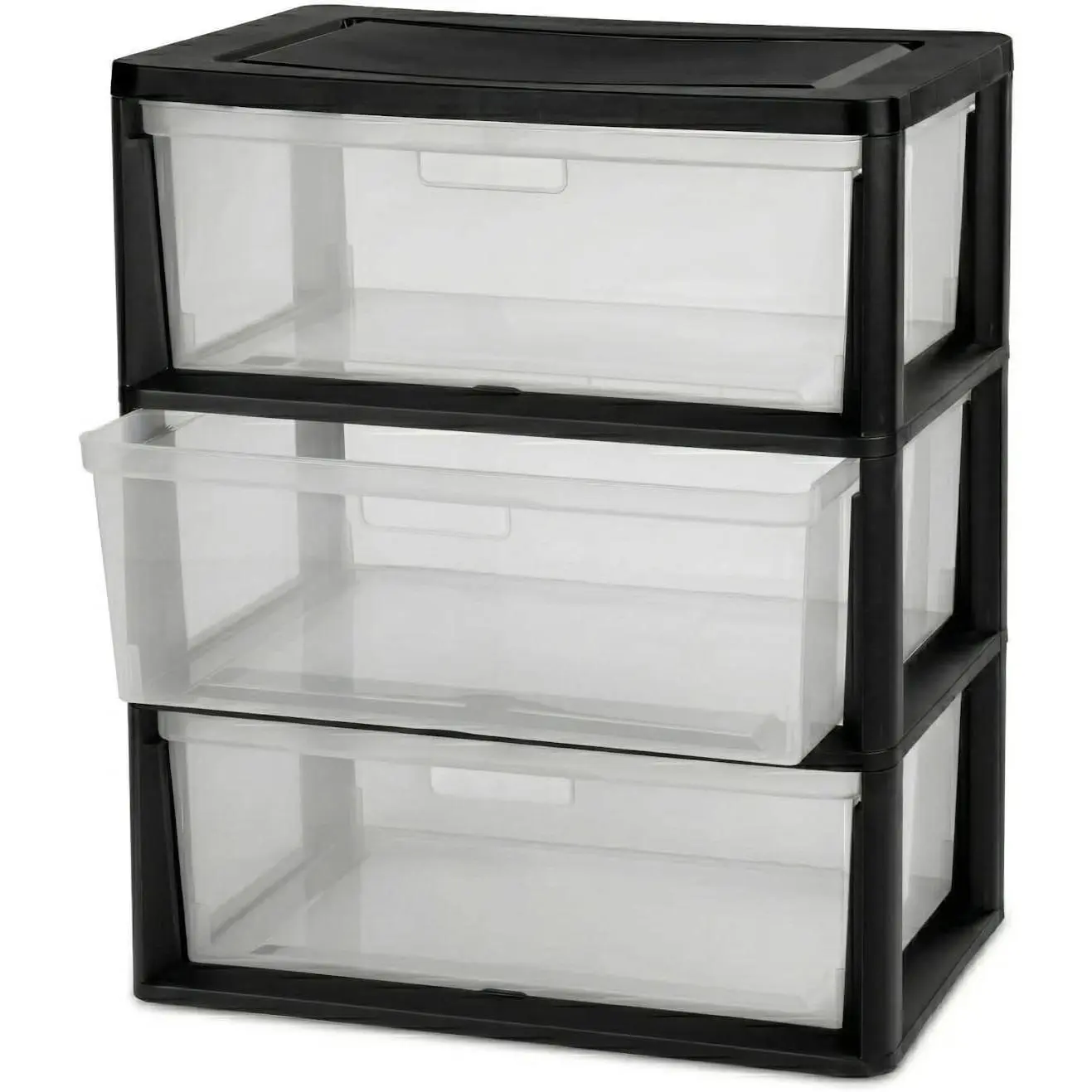 Wide 3-Drawer Plastic Storage Tower Organizer, Clear Removable Bins with Black Frame, 25.25" High, Drawer Stops & Integrated Handles for Closet, Bedroom, Craft Room, and Dorm Organization