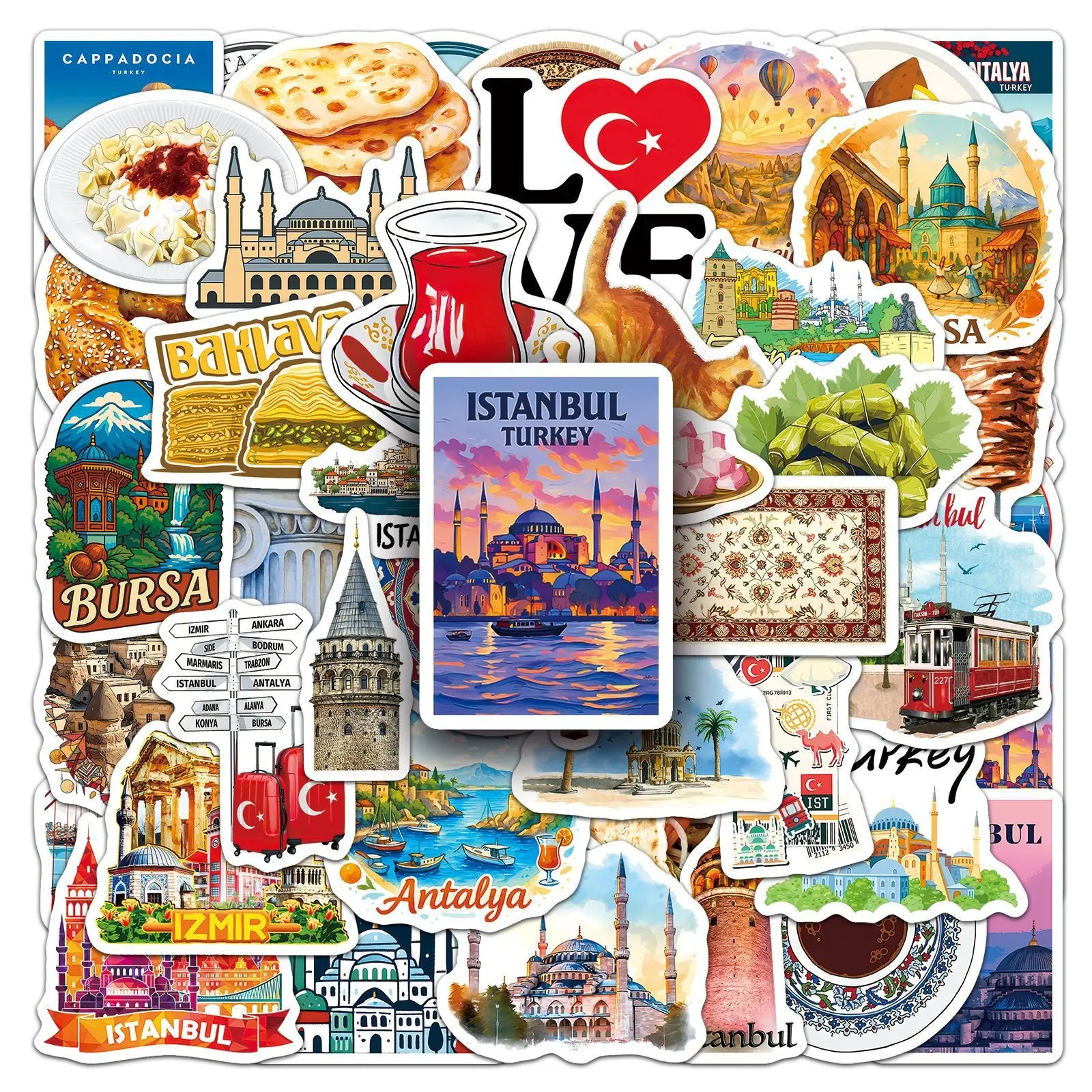 50Pcs Turkish Travel Diary Stickers, Waterproof Cartoon Stickers , City Landmarks and National Symbols, PVC Material