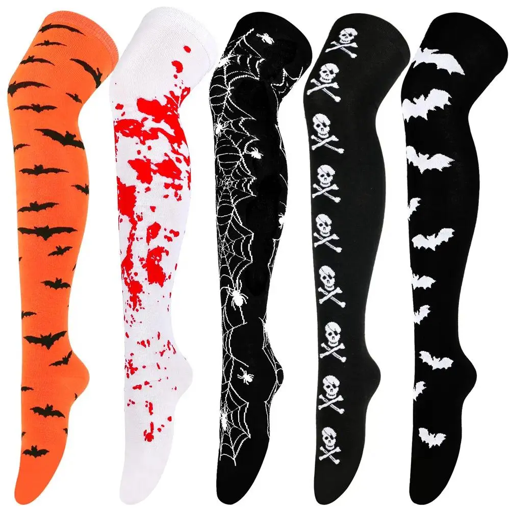 Halloween Funny Knee-High Long Cool Socks (1 Pair) - Skull Spider Bat Web Design, Comfortable Breathable Stretchy Fabric, Perfect for Costume Cosplay Party, Multi-Color Options, Womenswear