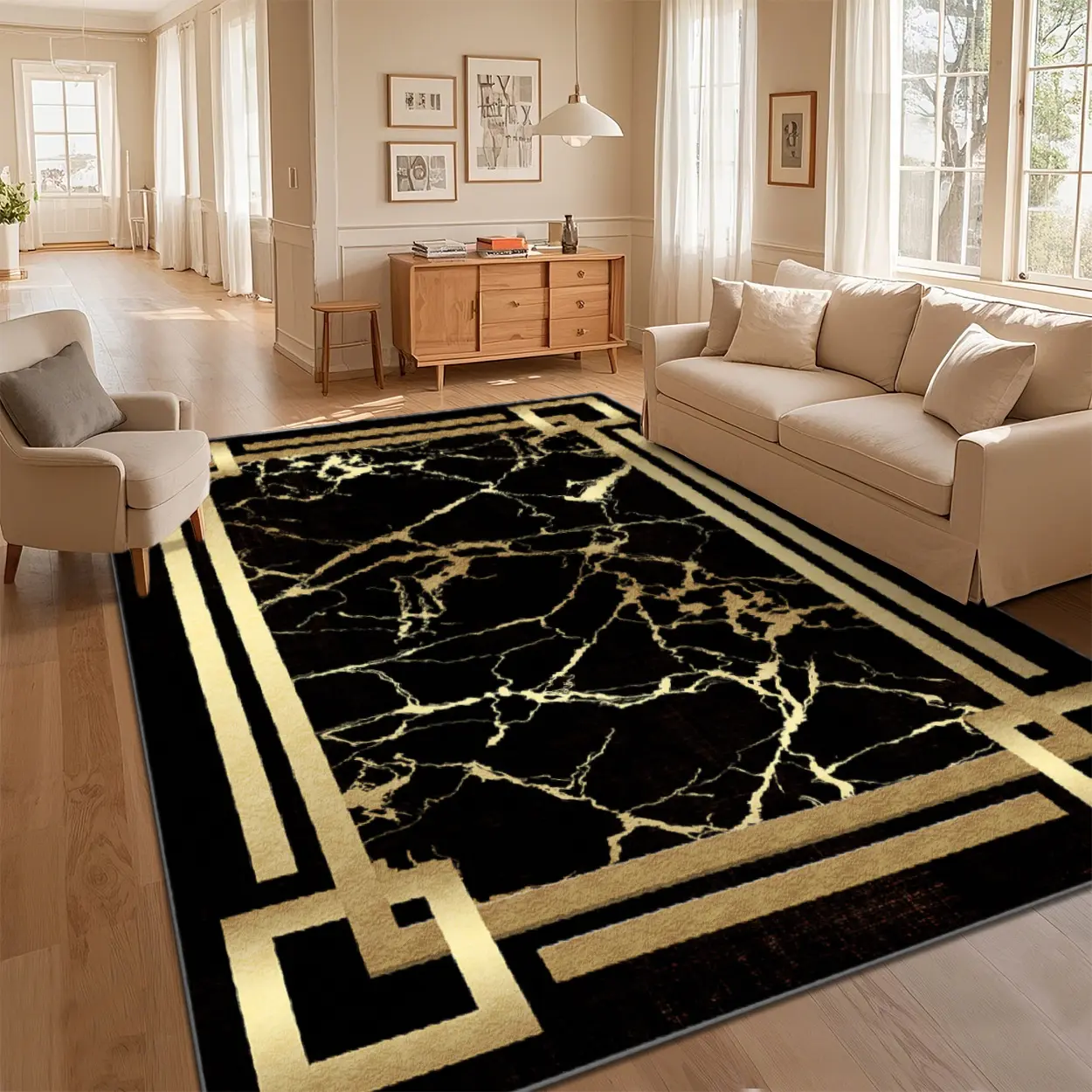 Local Delivery Multi Sizes Velvet Black Gold Thin Frame Marble Central Square Rug Washable Non Slip Boho Farmhouse Runner Nursery Indoor Decor Rug