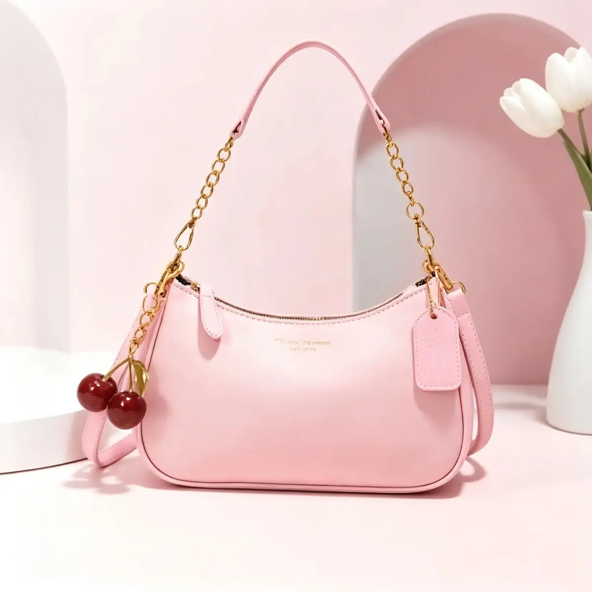 Y2K women shoulder bag, lightweight leather commuter crossbody bag, trendy cherry charm sweet cool hobo underarm bag, versatile daily work bag