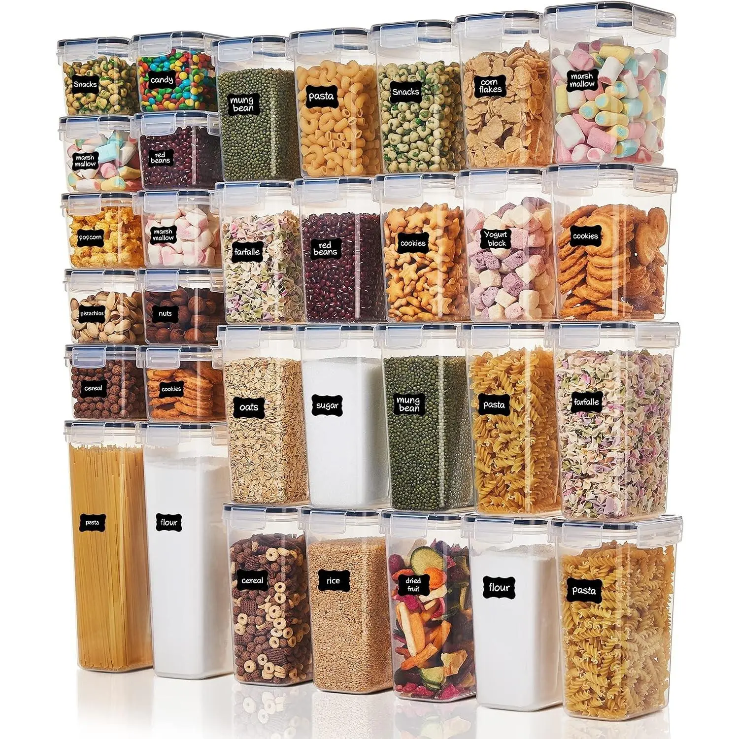 32pcs Airtight Food Storage Containers Set, BPA Free Plastic Kitchen and Pantry Organization Canisters with Lids for Cereal, Dry Food, Flour and Sugar, Includes 32 Labels