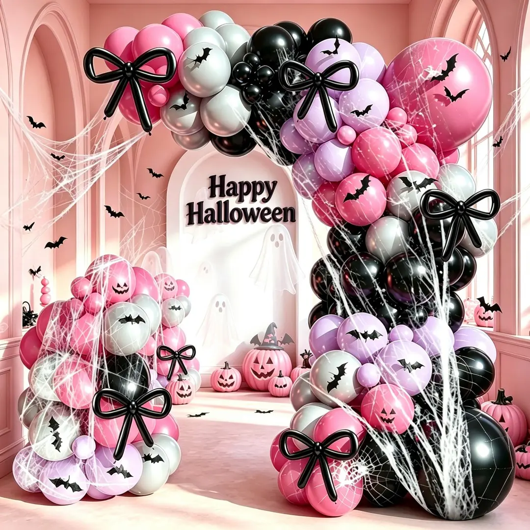 Macaron Halloween Balloon Arch Kit 122 Pieces, Includes 3D Bat Stickers and Spider Web Cotton, Perfect for Halloween Party Decorations