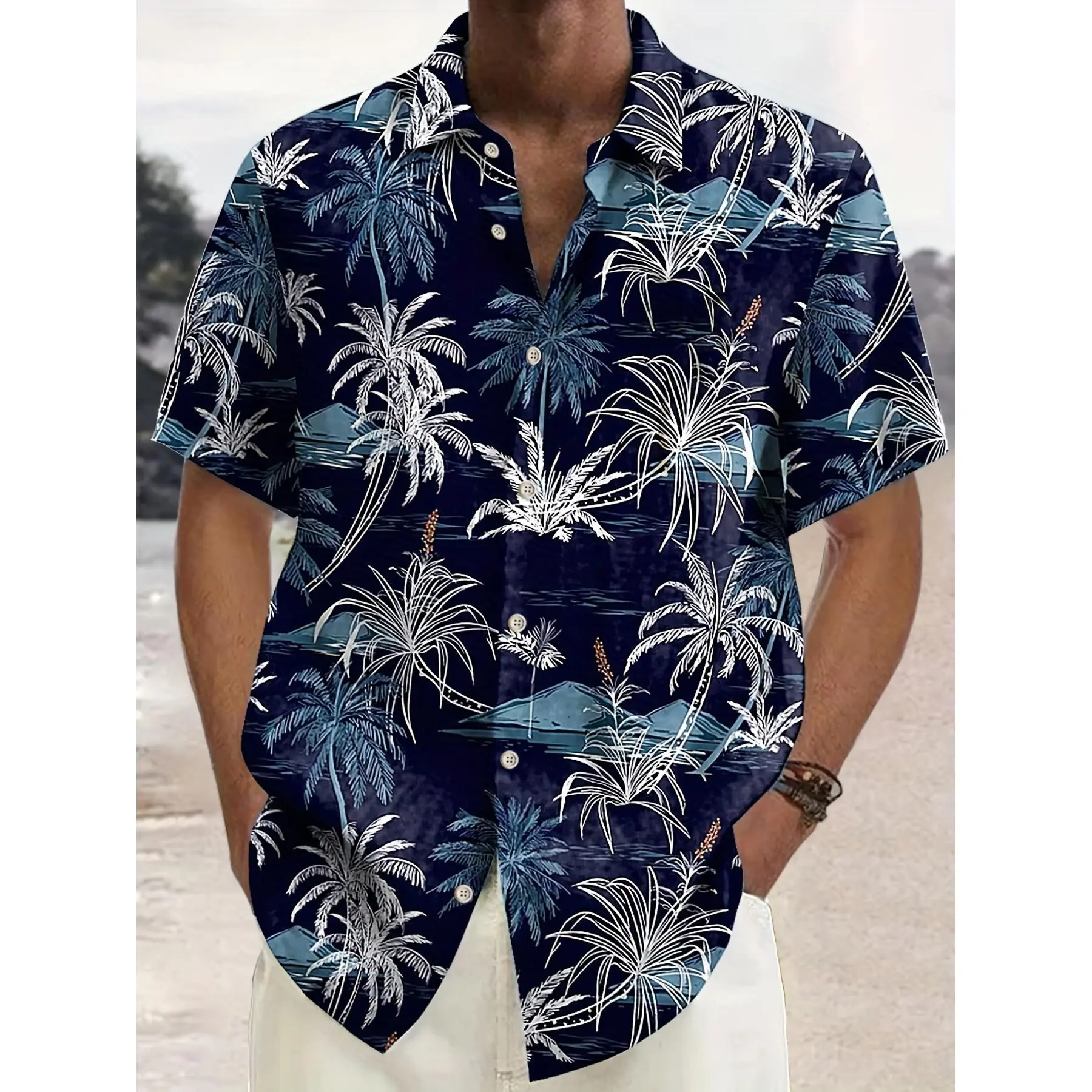 Men's Navy Hawaiian Shirt, Tropical Island Print Short Sleeve Button Down, Casual Menswear Tops for Summer Beach Vacation, Shortsleeve, Classic, Stylish, Polyester