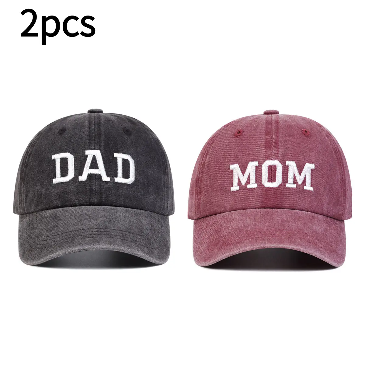 2-Pack Washed Look Cotton Baseball Caps (2pcs Black + Rose Red), Custom Hats for Couples with DAD & MOM Embroidery, 1 Size Adjustable, UV Sun Protection, Casual Unisex Daily Fashion Accessory