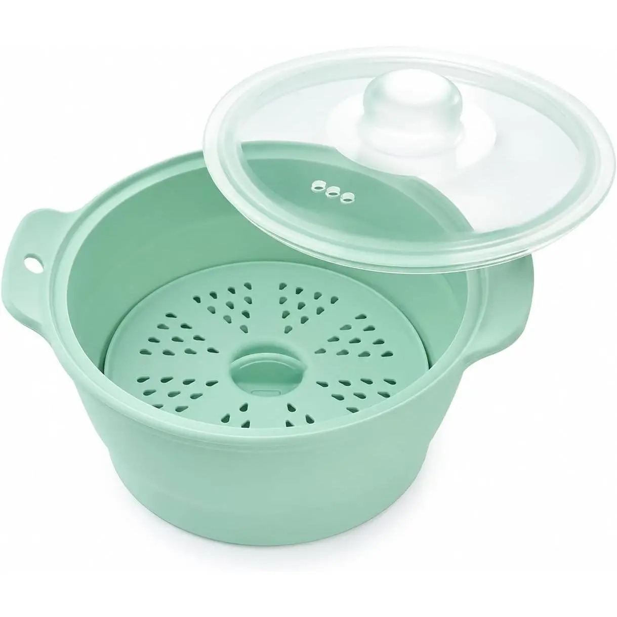 42oz Collapsible Food-grade Silicone Microwave Vegetable Steamer Basket with Removable Steam Rack, Fast Easy Food Steaming, Dishwasher Safe, Green