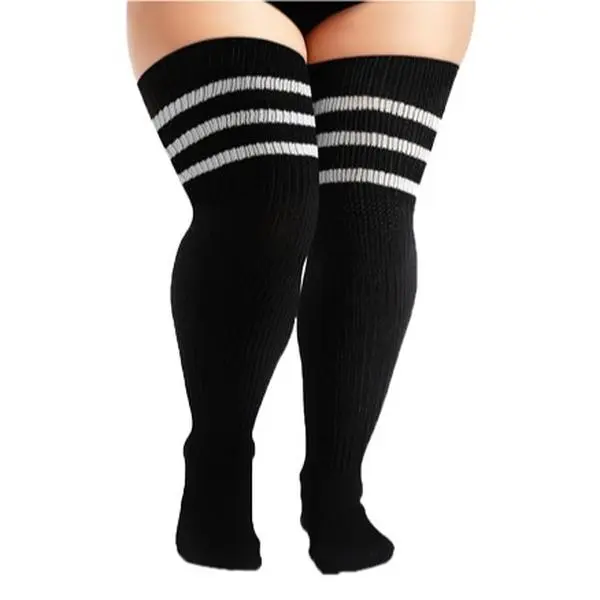 Plus Size Striped Thigh High Socks for Thick Thighs, Warm Acrylic Over The Knee Stockings with Garter Straps for Pleated Skirts and Uniforms, Wrap, Fits, Suit, Adjustable, Matching, Cute, Jeans, Activewear, Athletic, Comfortable, Sportswear, Accessories,