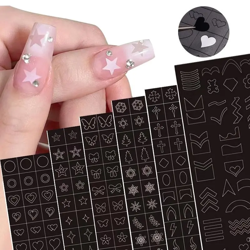 6 Sheets Airbrush Stencils Nail Stickers for Nail Art, Nail Art Accessories, French Nail Decals Printing Template Stencil Tool Moon Stars Heart Butterfly French Design Hollow