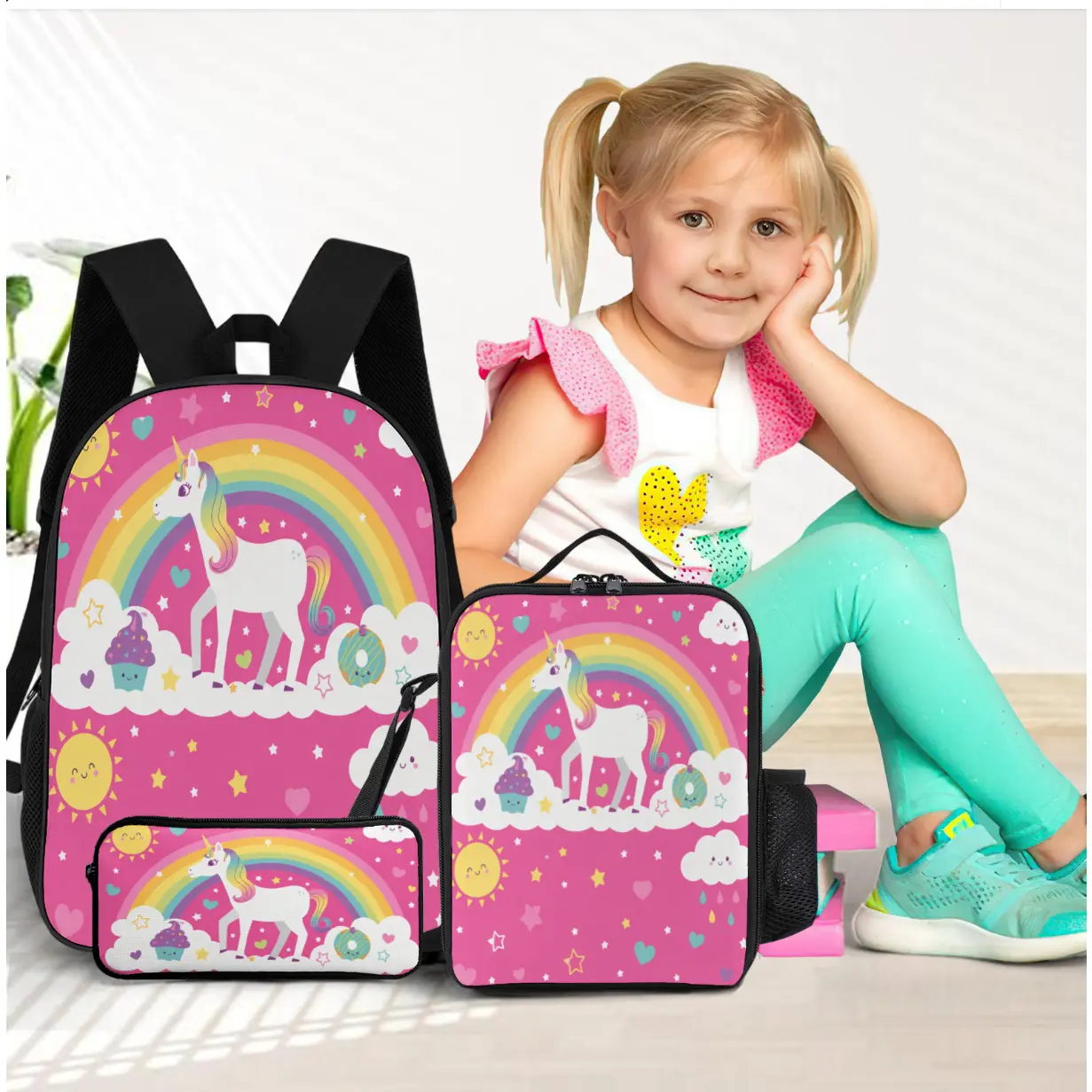 Girls' Unicorn Rainbow 3-Piece Set - Student Backpack, Lunch Bag, Pen Case, Sports & Outdoor Gym Bag - Back-to-School Gift, Backpacks for School