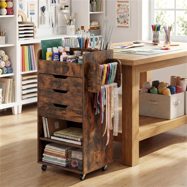 Rolling Craft Storage Cart with 3 Drawers & Adjustable Shelves, Mobile Wrapping Paper Organizer with Wheels