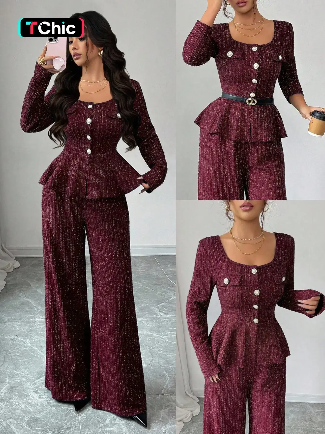Fall Winter New Plaid Silver Color Set, French Romantic Noble Lady Chic Style, Elegant Design, Long Sleeve Blazer + Wide Leg Pants, Two-Piece Suits