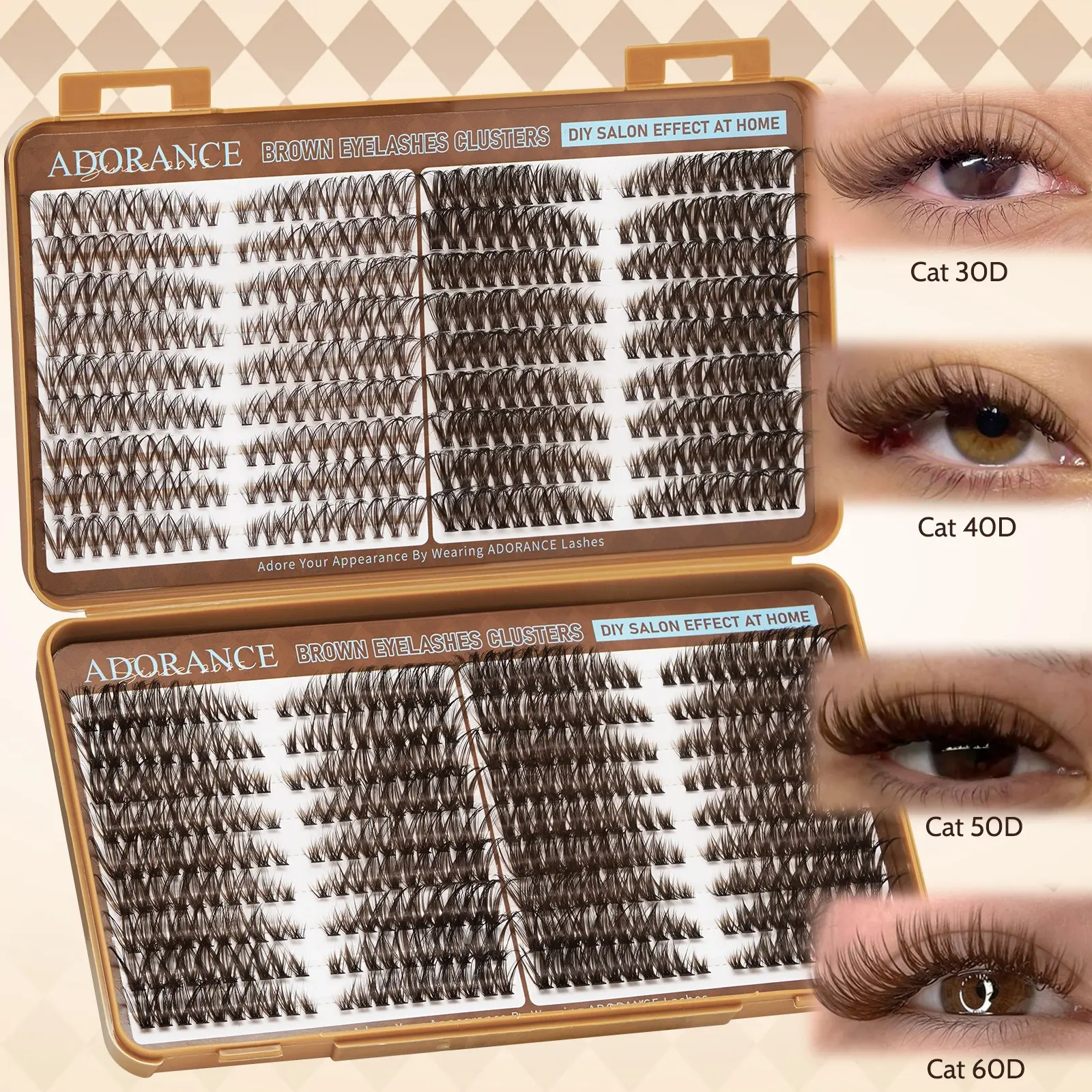 ADORANCE 720pcs Brown Lash Clusters, Fluffy Cat Eye Cluster Lashes, Dark Brown Wispy Individual Eyelash Extensions, D Curl Dense Volume Lashes, Waterproof DIY Lash Extensions for Natural Makeup Look