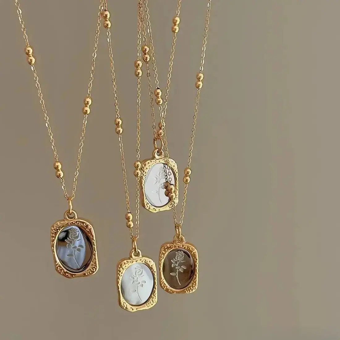 Gold Plated Cameo Pendant Necklace with Hand Engraved Rose Motif and Mother-of-Pearl, Vintage Tarnish Resistant Hypoallergenic Jewelry for Women, Everyday Wear, Cameo Inlay, Daily, Casual Style Necklaces, Non Tarnish Pendant, Unique Design Pendant