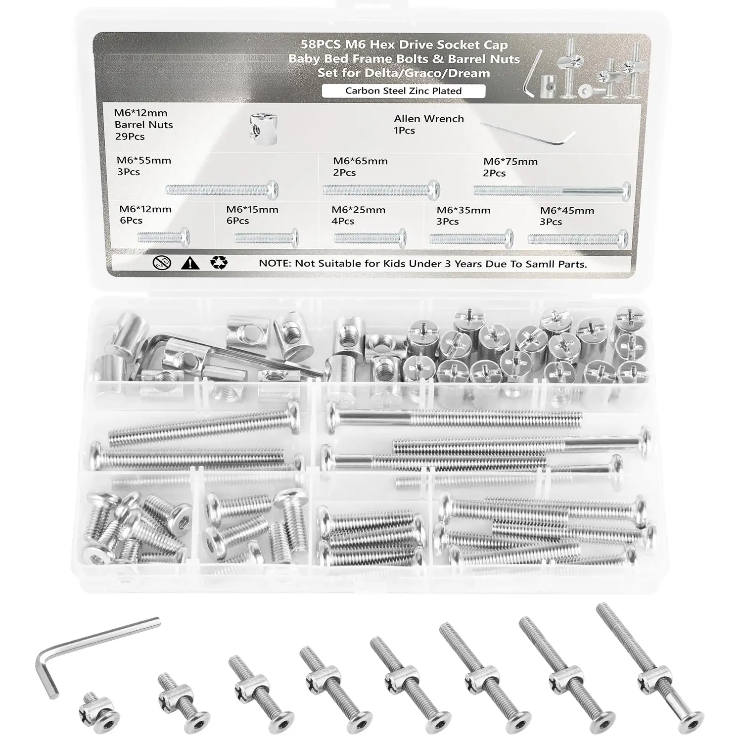 Galvanized Steel Baby Crib Screw Hardware Kit, M6 Hex Socket Set for Cribs & Beds, 58 Pieces Carbon Steel Bolt & Nut Set with Multiple Lengths (12/15/25/35/45/55/65/75mm) Compatible with Delta/Graco/Dream