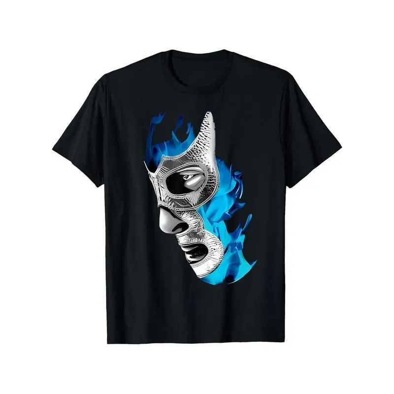 Mens Mex-Art Demon Blue Lucha Libre Mexican Wrestler Graphic Streetwear Tshirt - 100% Cotton Short Sleeve Jersey, Soft Breathable Regular Fit, Vibrant Mask Print, Double Needle Seams, Hem, Machine Washable, S-3XL, Casual Everyday Wear, Durable Fabric, Sho