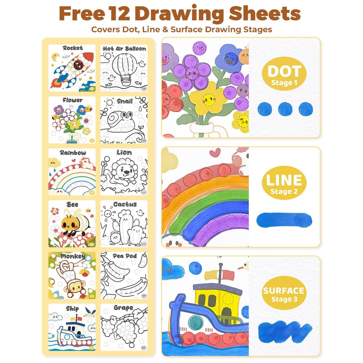 16 Color Dot Markers for Toddlers, Includes 120 PDF & 24 Printed Activity Papers, 2 Stencils, Washable Non-Toxic Bingo Daubers for Toddler Arts and Crafts, Preschool Art Supplies Gift Colorful Precision Pens Colorful Gel Pens, markers for coloring
