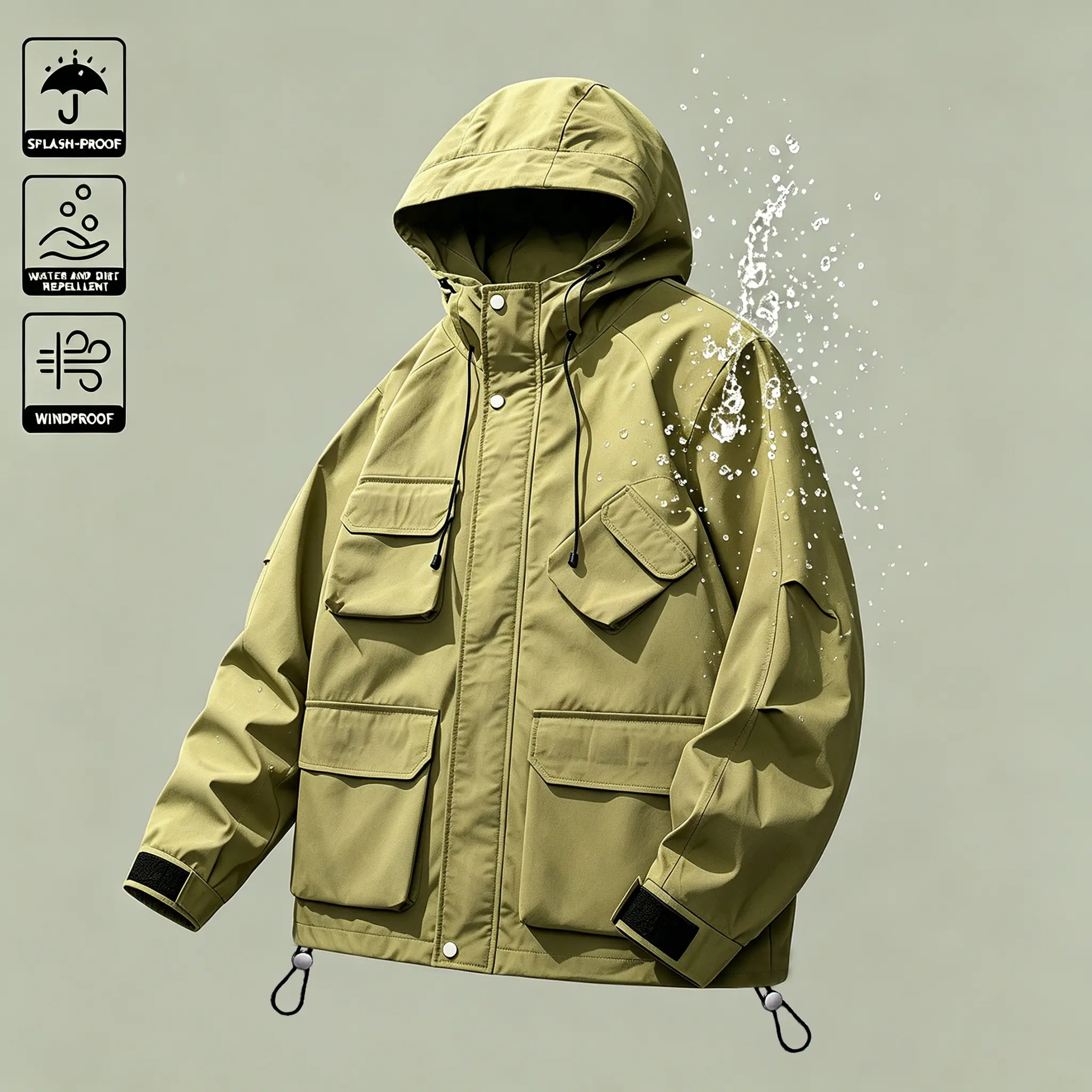 Multi-pocket hooded outdoor jacket crafted with windproof and water repellent fabric, adjustable cuffs and hem drawstrings, functional utility silhouette practical all-season staple for rugged outdoor mensfashion styling