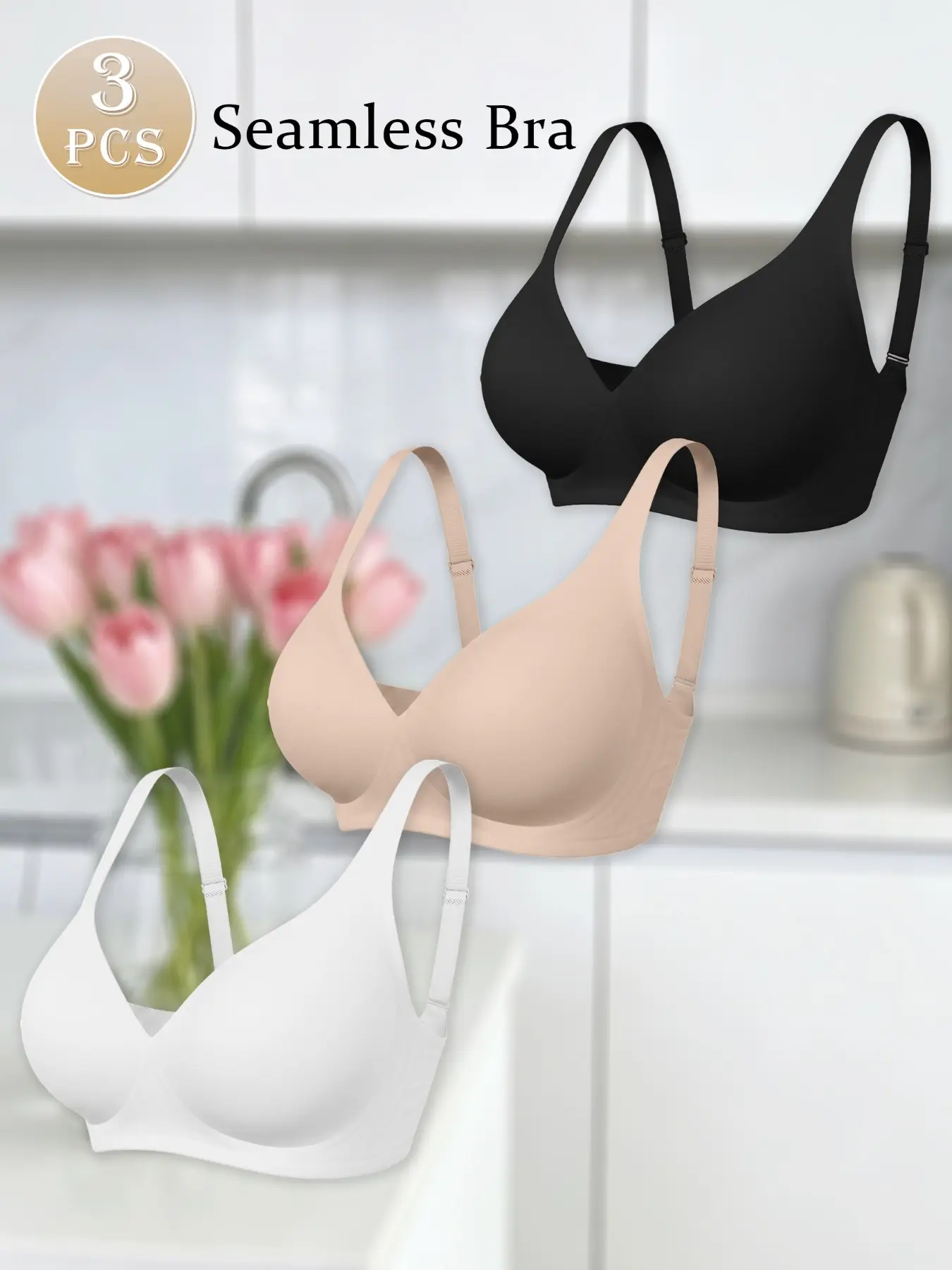 Jelly Gel Underband Deep Plunge Push Up Bra 3 Pack, Wireless Seamless Full Coverage Anti Side Spillage, U-Shaped Smooth Back No Show Daily Lingerie