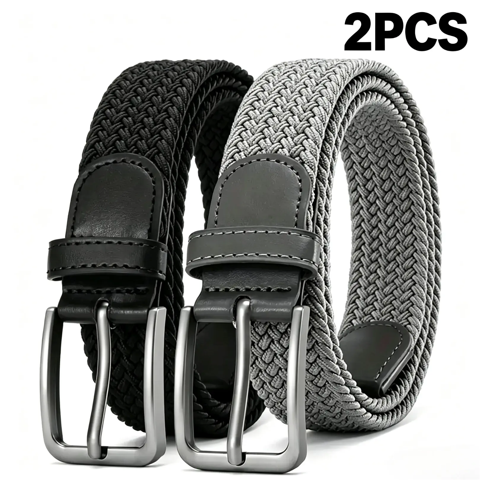 Men's 2-Pack Elastic Braided Woven Strap Belts - Adjustable Buckles, Flexible Fit, Casual/Golf Use for Jeans, Male Outdoor Accessory
