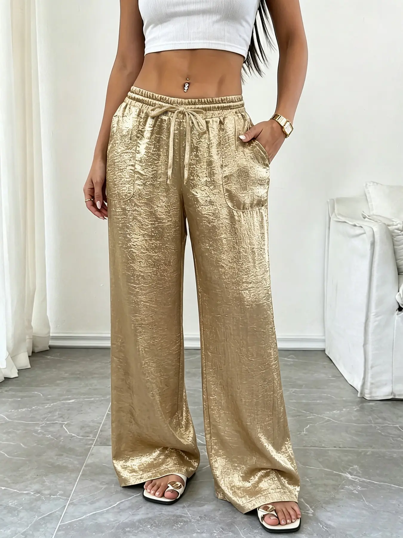Shiny Metallic Satin Wide Leg Pants for Women, Bottoms, Chic Elastic Drawstring High Waist Palazzo Trousers with Pockets Casual Club Party Vacation Streetwear Soft Lightweight Silky Fabric Relaxed Full Length Slacks