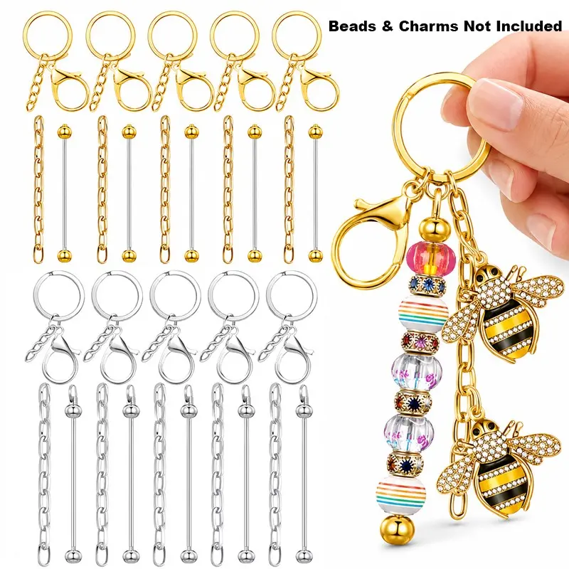 30Pcs Beadable Keychain Bar Kit, Includes 10 Key Rings with Clasps, 10 Chains and 10 Blank Beadable Rods, DIY Keychain Hardware for Handmade Crafts, Bag Decor and Gift Projects, Keychain Set