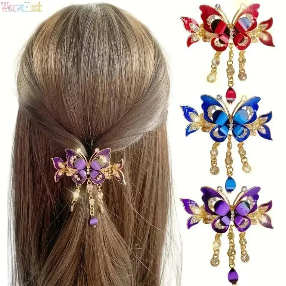 3‑Pack Bohemian Rhinestone‑Butterfly Tassel Hair‑Clips, Daily‑Wear Hair Essentials, Vintage‑Inspired Alloy Barrettes, Elegant Hair‑Accessories for Updos, Ponytails, Buns, Daily‑Matching and Party‑Styling